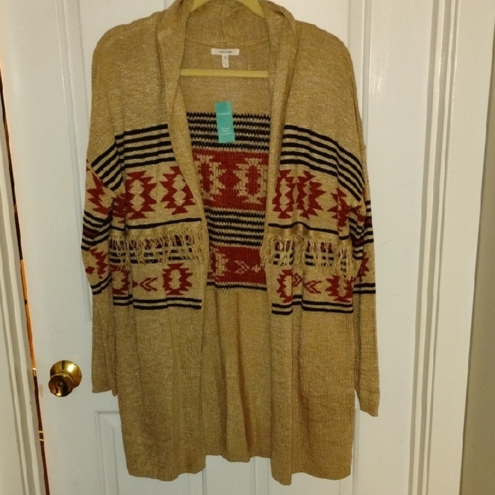 Maurices Tan and Red Geometric Cardigan Sweater